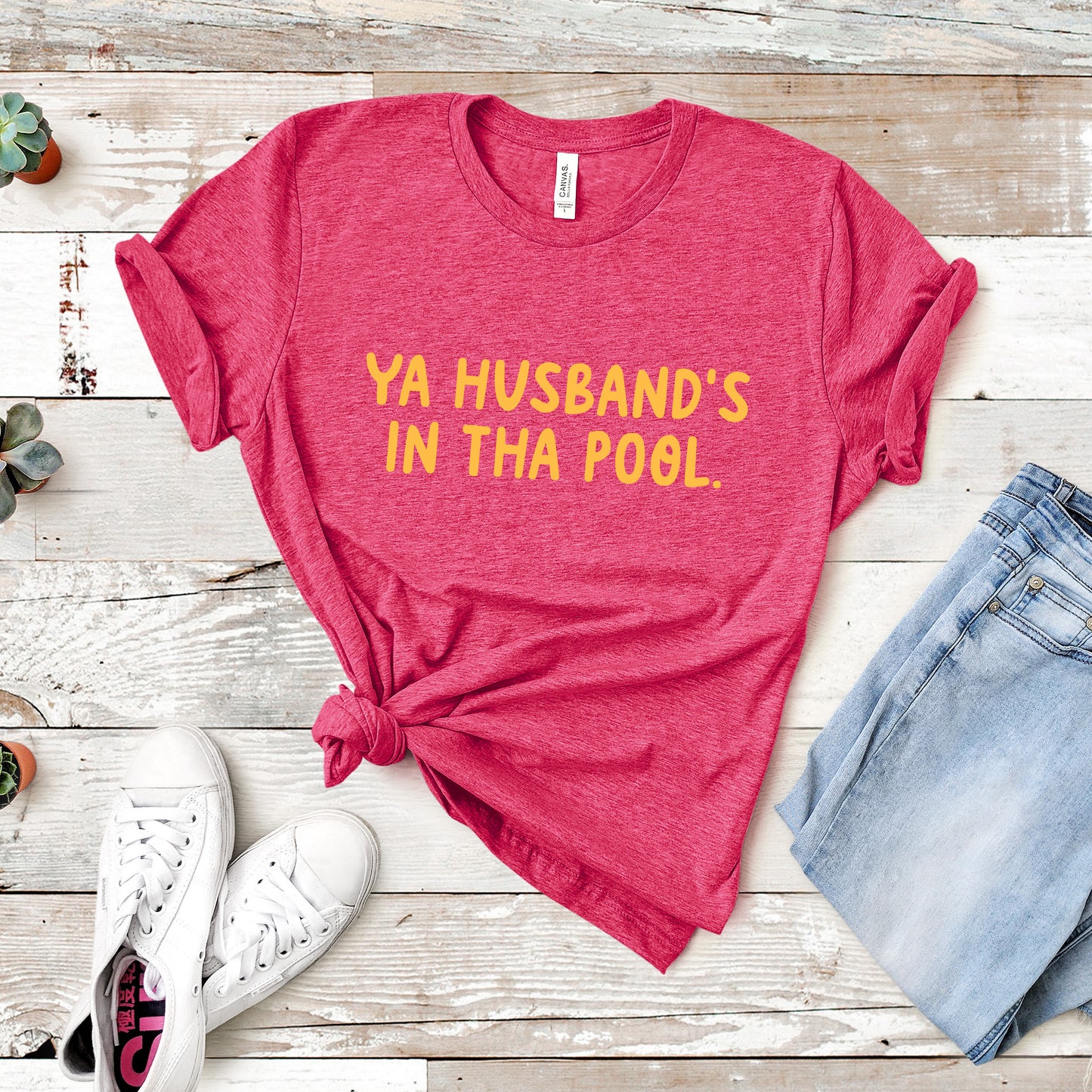 Ya Husband's In Tha Pool Tee - Raspberry