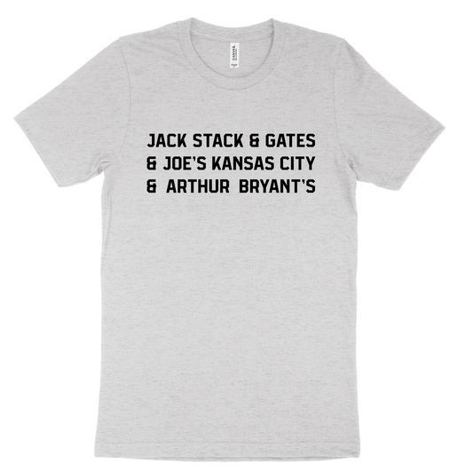 Jack Stack and Gates and Joe's Kansas City and Arthur Bryant's Tee - Grey